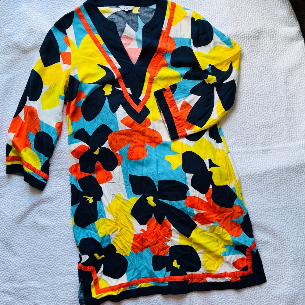 Vibrant Floral V-Neck Tunic Short Dress  or Swimsuit Cover